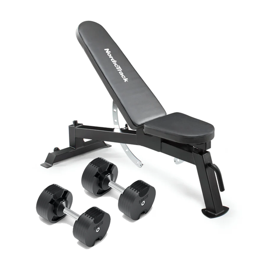 Nüobells 5-50lb Adjustable Dumbbell Pair & NordicTrack Bench Combo