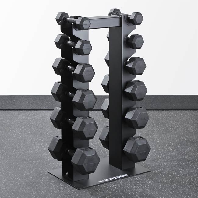 3-22.5lb Virgin Rubber Hex Dumbbell Set with Rack