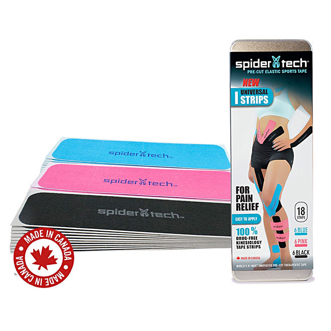 SpiderTech Multipack Universal I Strips Kinesiology Tape 18pc Tin Fitness Accessories Canada.